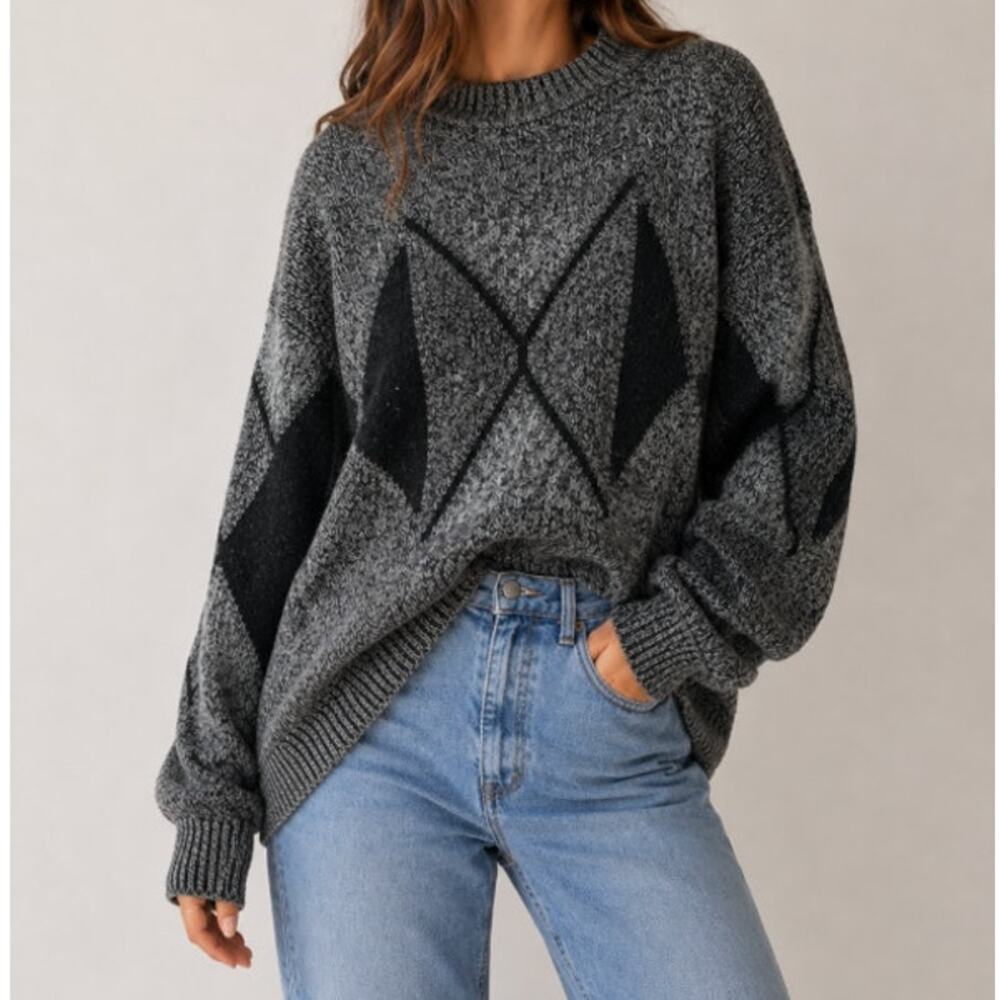Vintage Cambio Italia Argyle Sweater Gray Black Wool Blend Size Medium